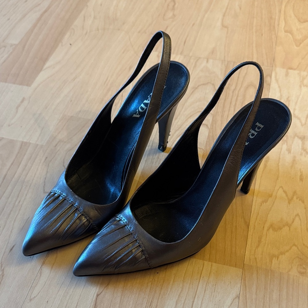 Prada Women's Elegant Dark Silver Slingback Heels